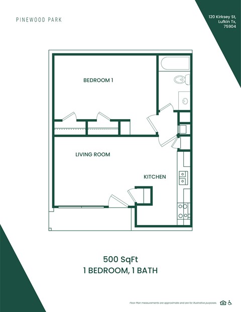Floor plan for 1 bed, 1 bath, 523 sqft